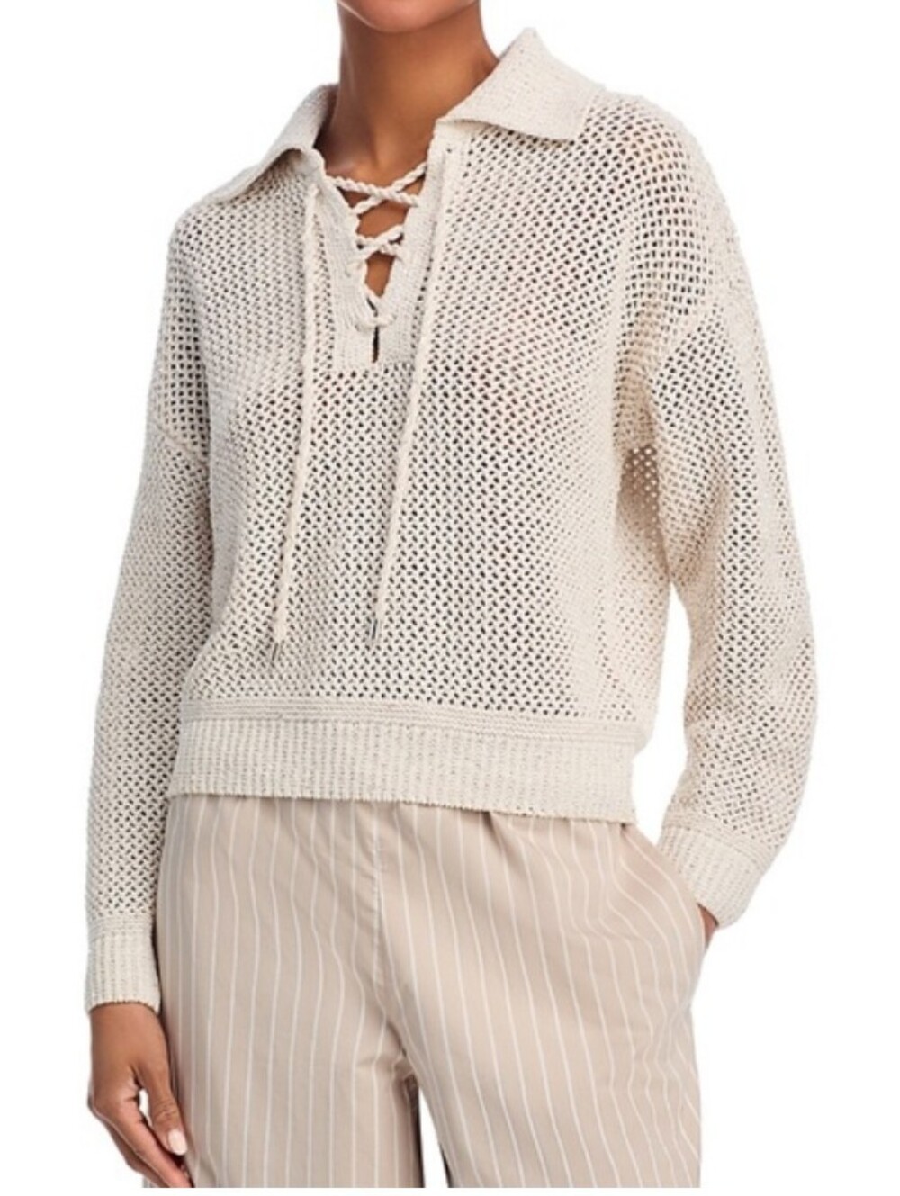 Joie Open-Weave Lace-Up Pullover Sweater - Cream